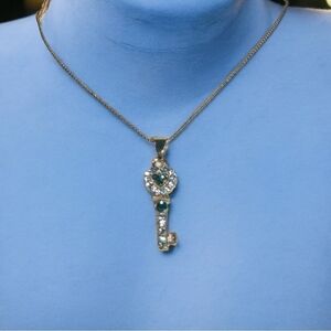 Women’s Blue White Crystals Key Pendant Necklace Silver Tone Chain Necklace